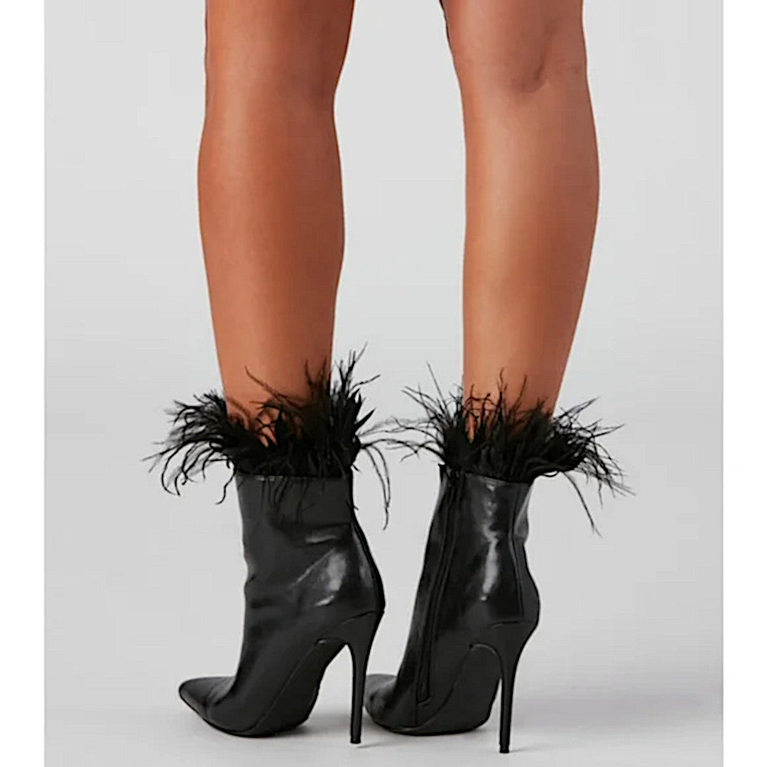 Midnight Black Stiletto Booties | Marabou Feather Trim Ankle Point Toe Booties - Windsor - Shoes