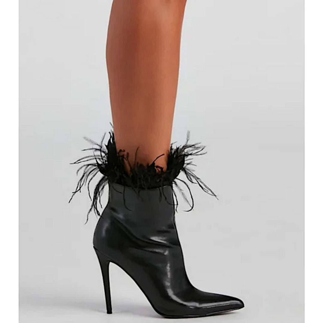 Midnight Black Stiletto Booties | Marabou Feather Trim Ankle Point Toe Booties - Windsor - Shoes