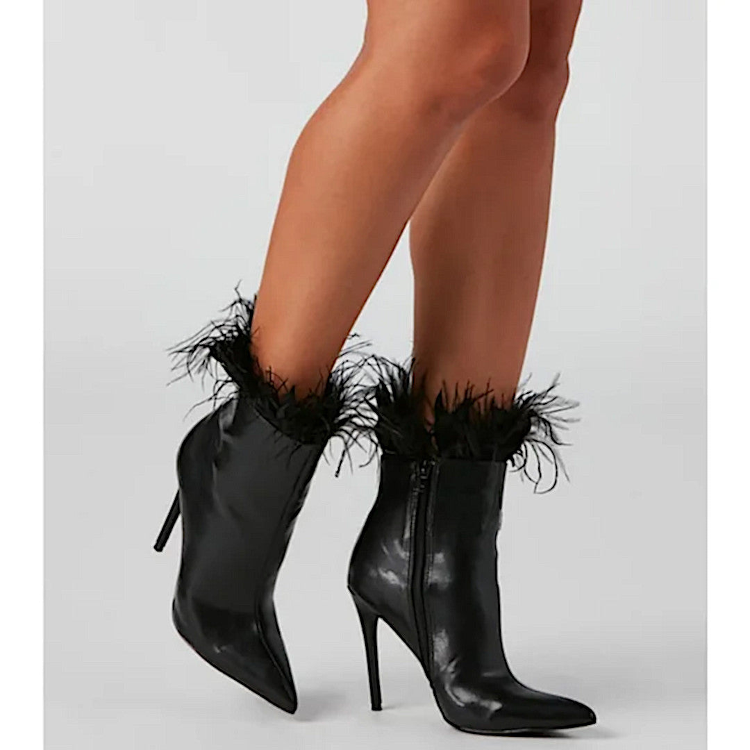 Midnight Black Stiletto Booties | Marabou Feather Trim Ankle Point Toe Booties - Windsor - Shoes