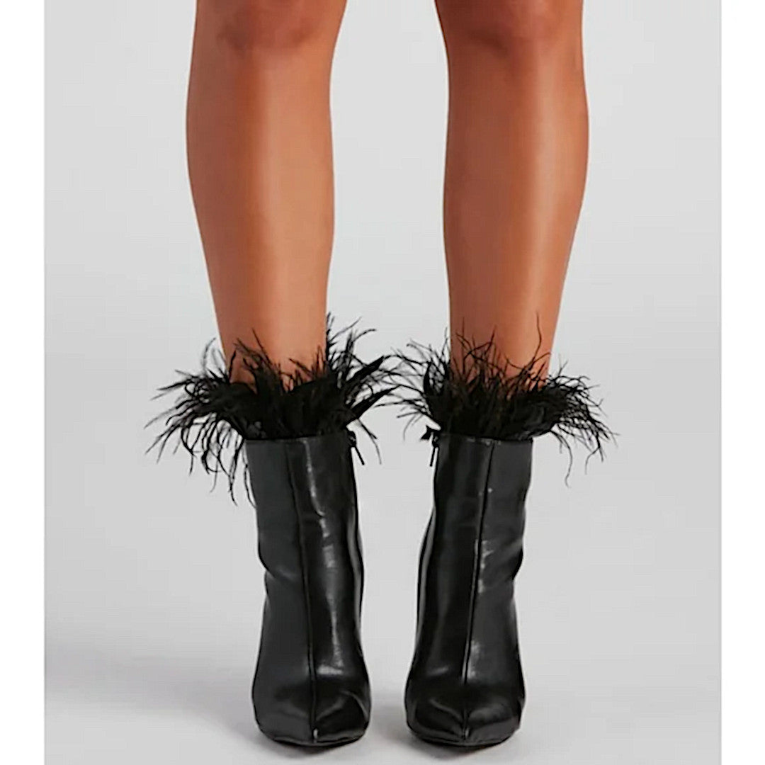 Midnight Black Stiletto Booties | Marabou Feather Trim Ankle Point Toe Booties - Windsor - Shoes