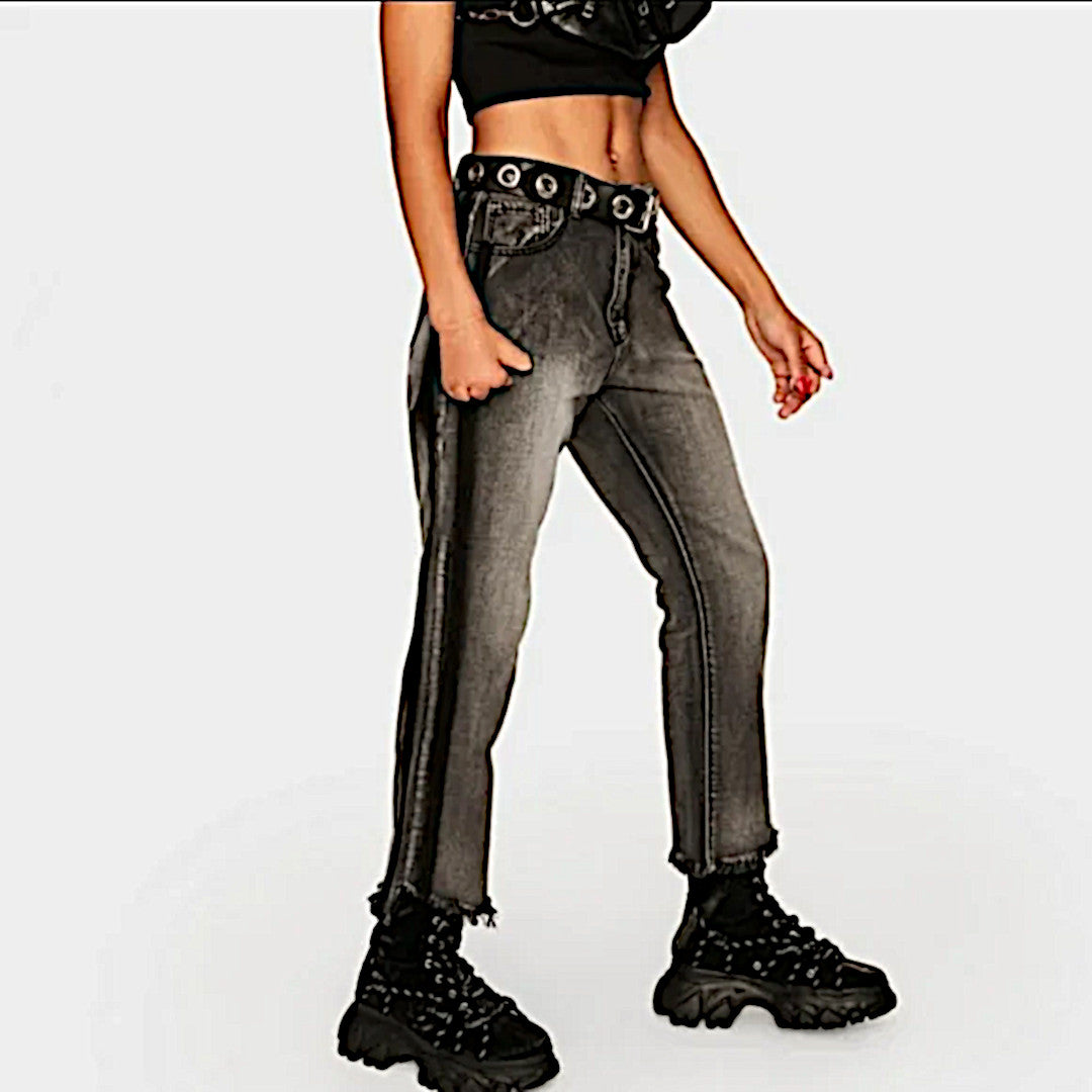 Two-Tone Jeans | Distressed Mid-Rise Straight Leg Cropped Flare Jeans - Momokrom - Pants