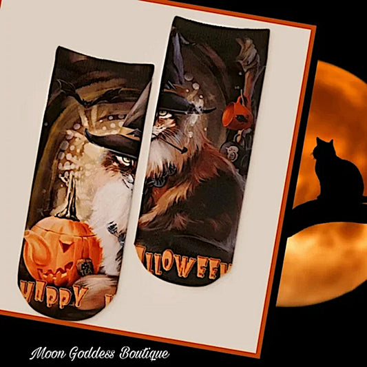 No Show Socks | Halloween Witch Cat Pattern OS - A Gothic Universe - Socks