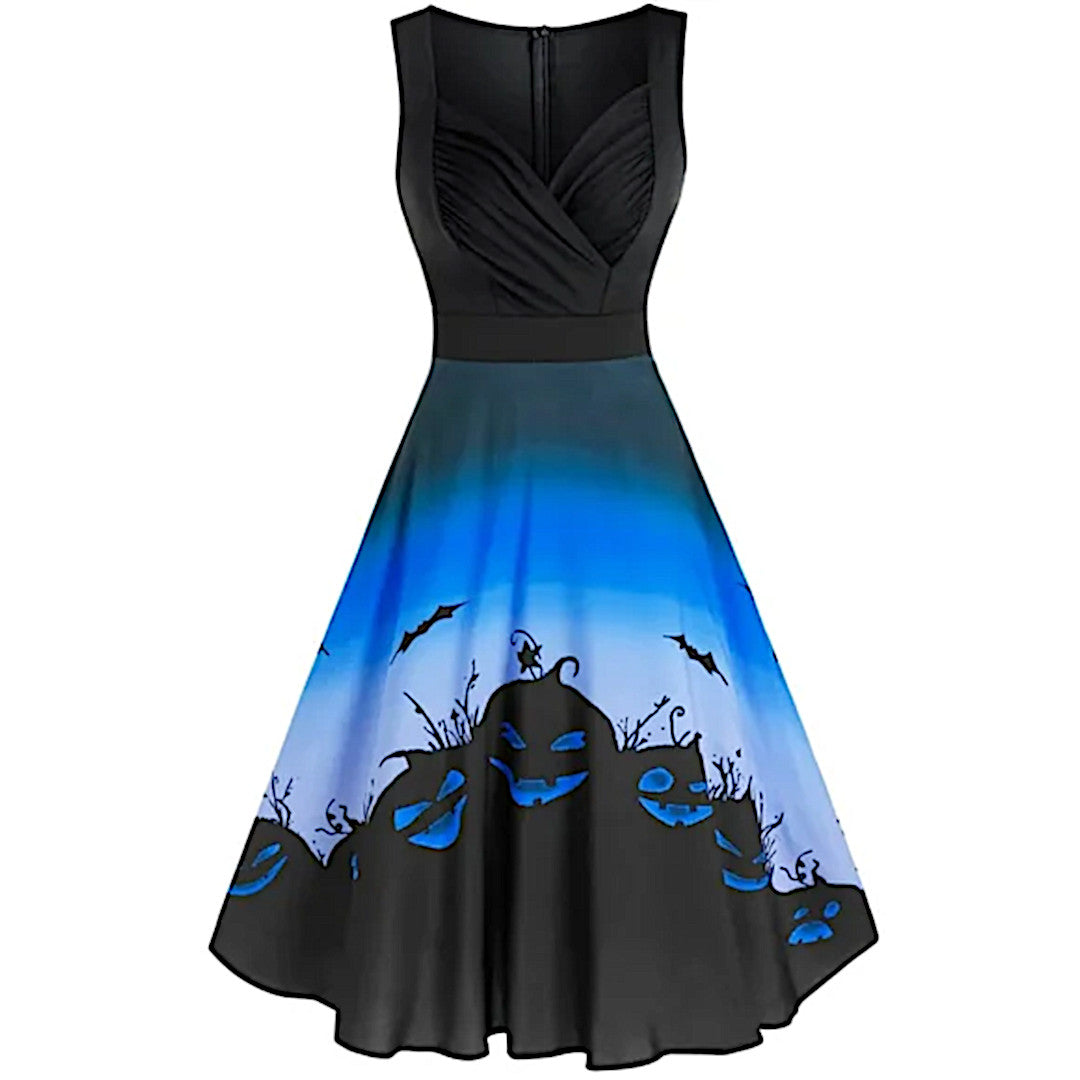 Ombre Blue Party Dress | Pumpkin Theme High Waist Sweetheart Neckline Midi Dress - A Gothic Universe - Dresses