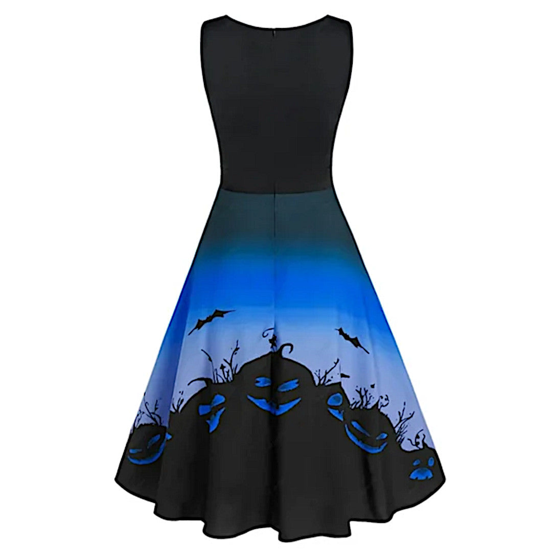 Ombre Blue Party Dress | Pumpkin Theme High Waist Sweetheart Neckline Midi Dress - A Gothic Universe - Dresses