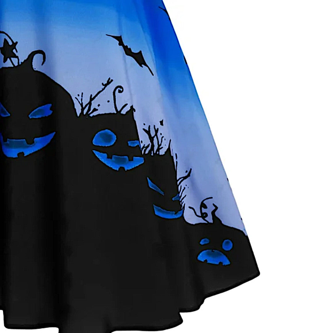 Ombre Blue Party Dress | Pumpkin Theme High Waist Sweetheart Neckline Midi Dress - A Gothic Universe - Dresses