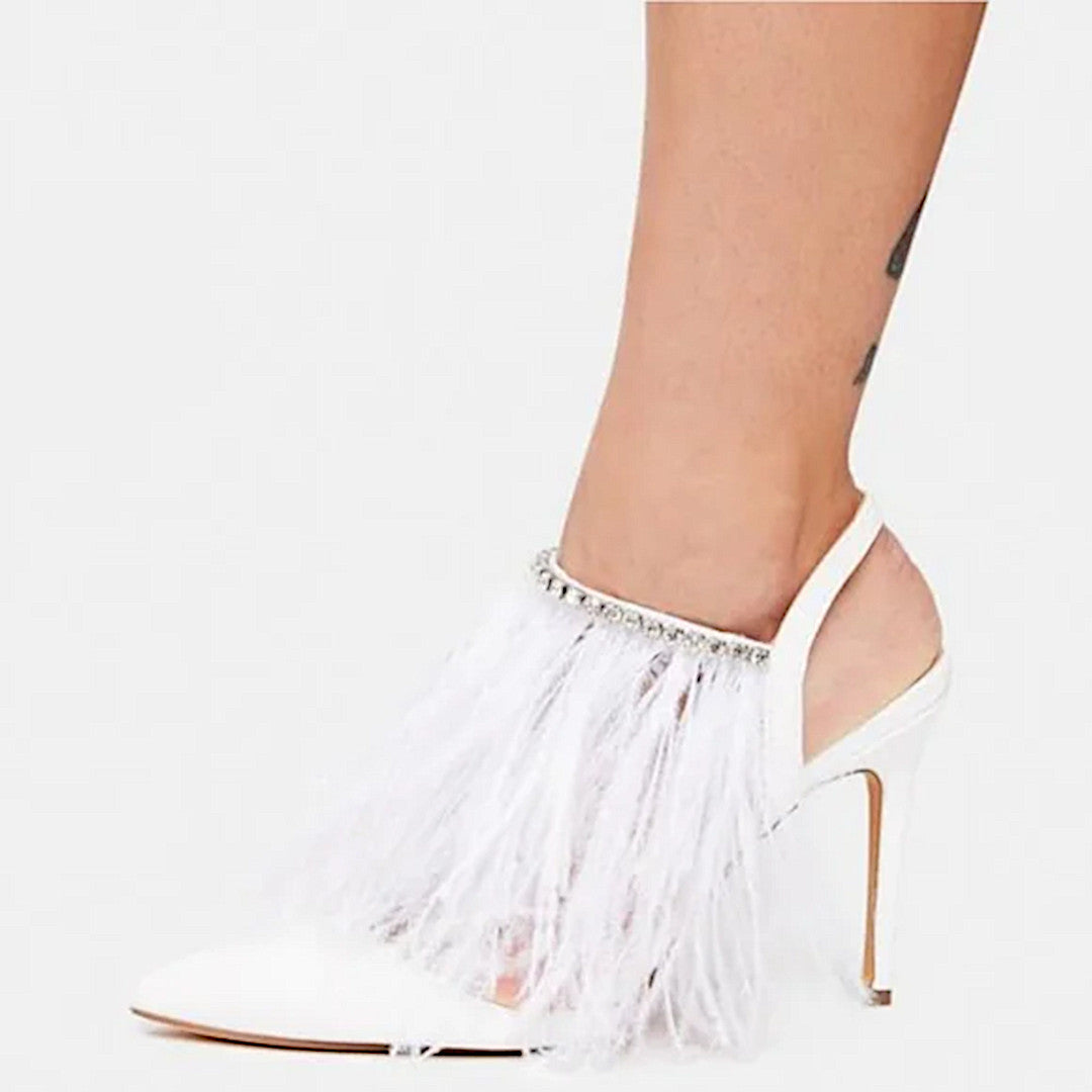 Ostrich Feather Heels | Luxury Encrusted Rhinestone Embellished White Pumps - Sparkl Fairy Couture - Shoes