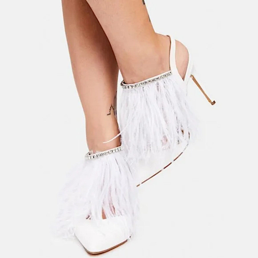 Ostrich Feather Heels | Luxury Encrusted Rhinestone Embellished White Pumps - Sparkl Fairy Couture - Shoes
