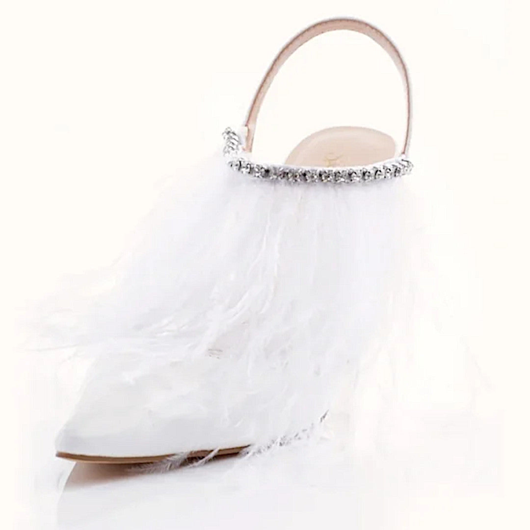 Ostrich Feather Heels | Luxury Encrusted Rhinestone Embellished White Pumps - Sparkl Fairy Couture - Shoes