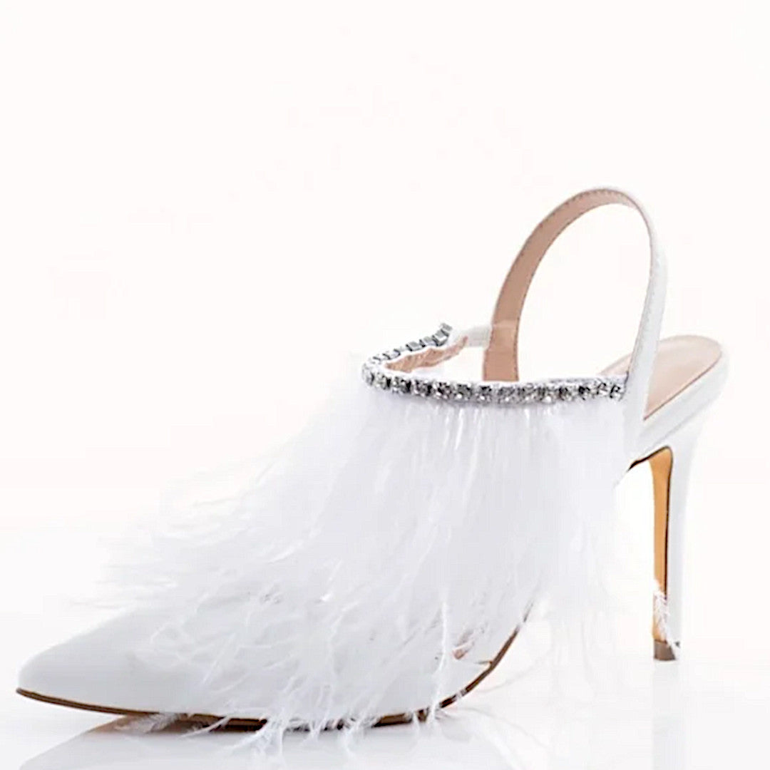 Ostrich Feather Heels | Luxury Encrusted Rhinestone Embellished White Pumps - Sparkl Fairy Couture - Shoes