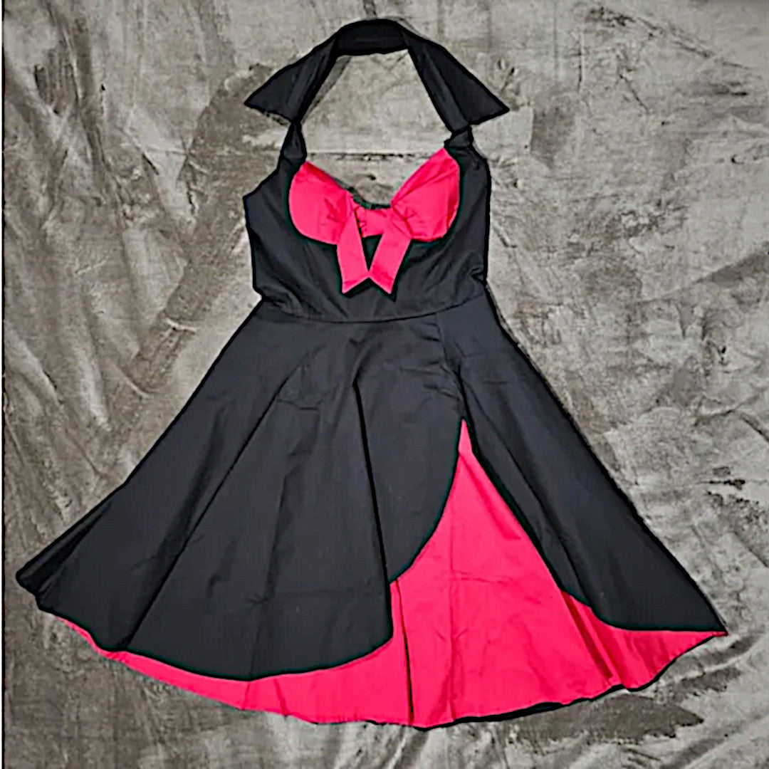 Pinup Fit & Flare Dress | Black & Red Collar Halter Neckline Open Back Stretch - A Gothic Universe - Dresses
