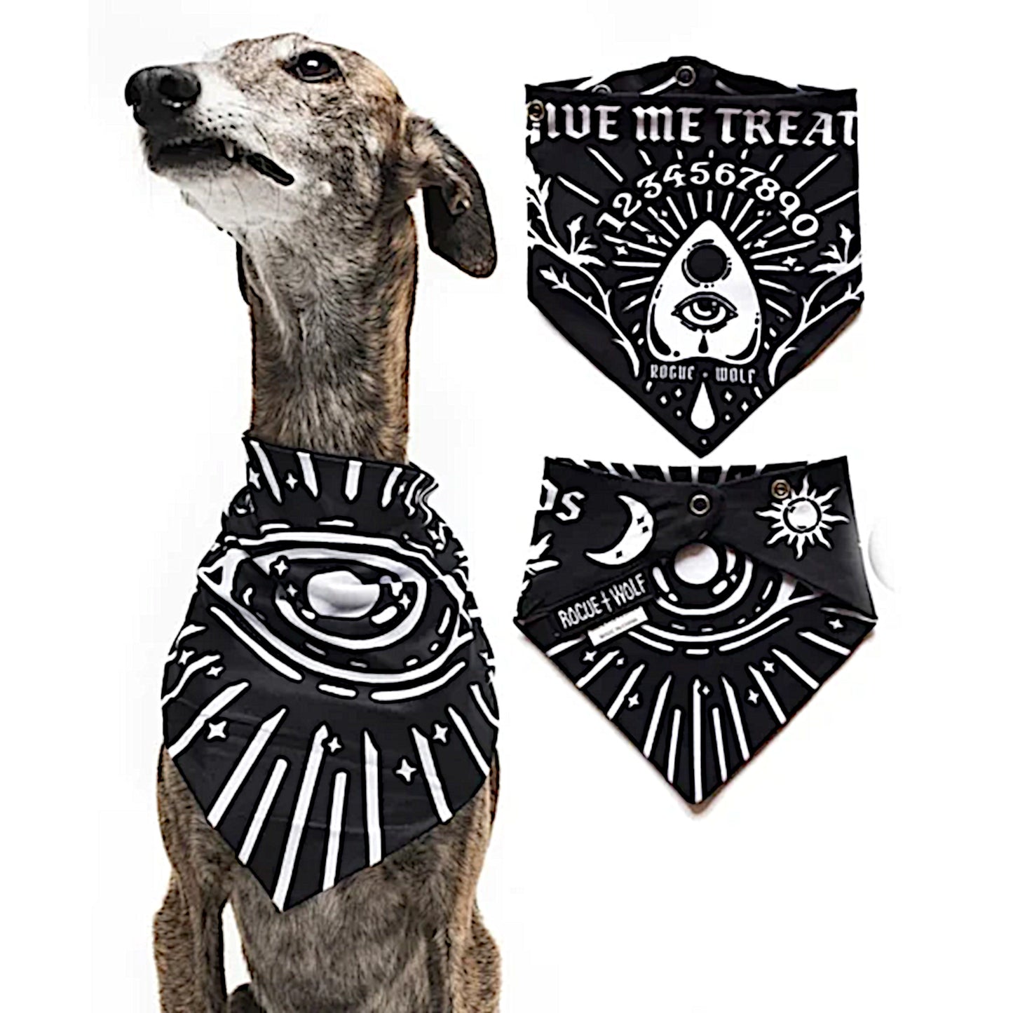 Pet Bandana | Give Me Treatos Ouija Black Vegan Bandana Dog or Cat - Rogue + Wolf - Pet Bandanas