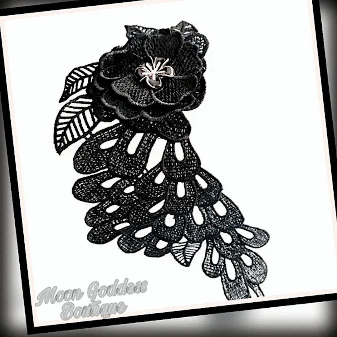 Solid Black Long Victorian Brooch | Floral Design Vintage Lace Brooch / Pin - A Gothic Universe - Brooches