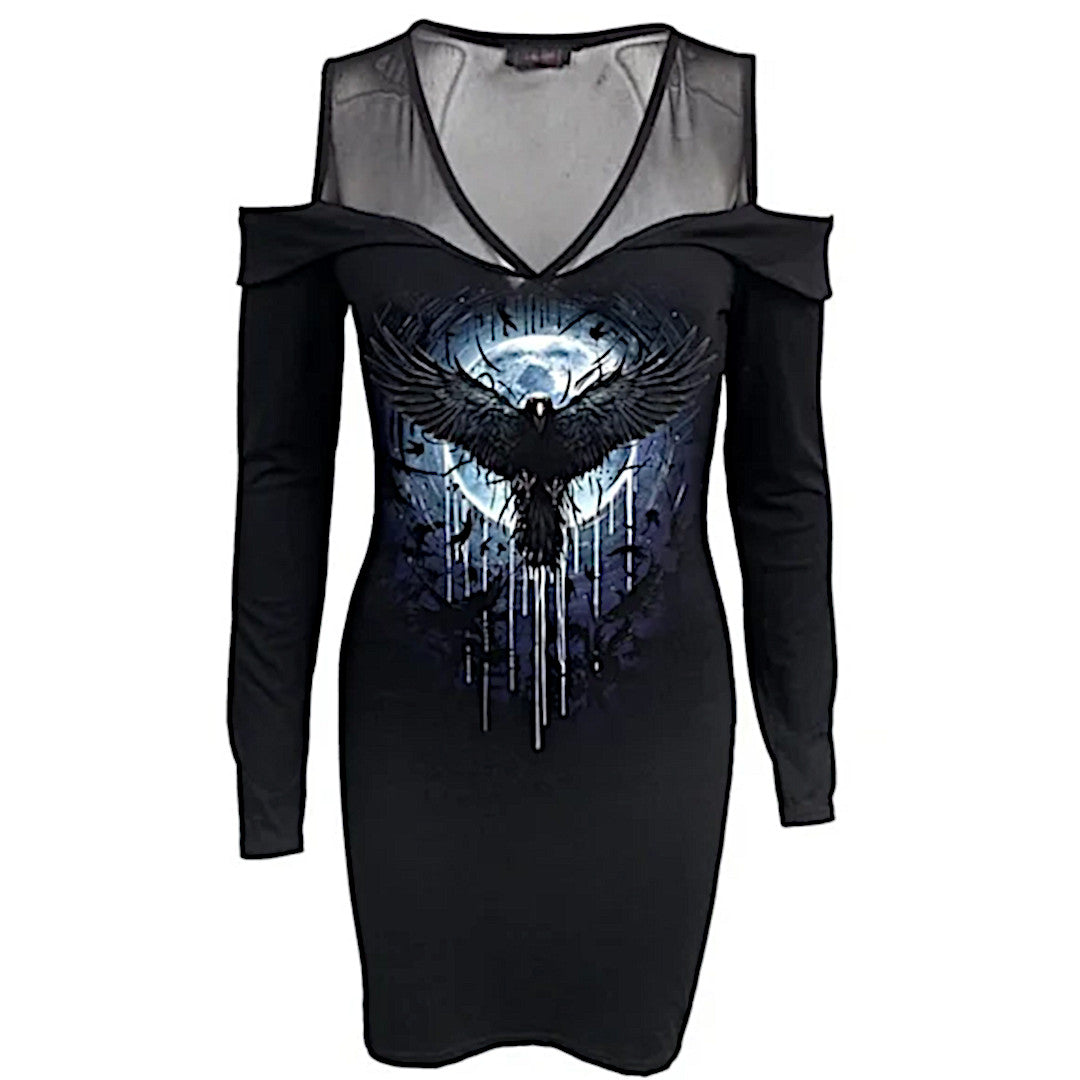 Open Shoulder Dress | Crow Moon Fine Mesh Straps Dress Black - Spiral Direct - Dresses