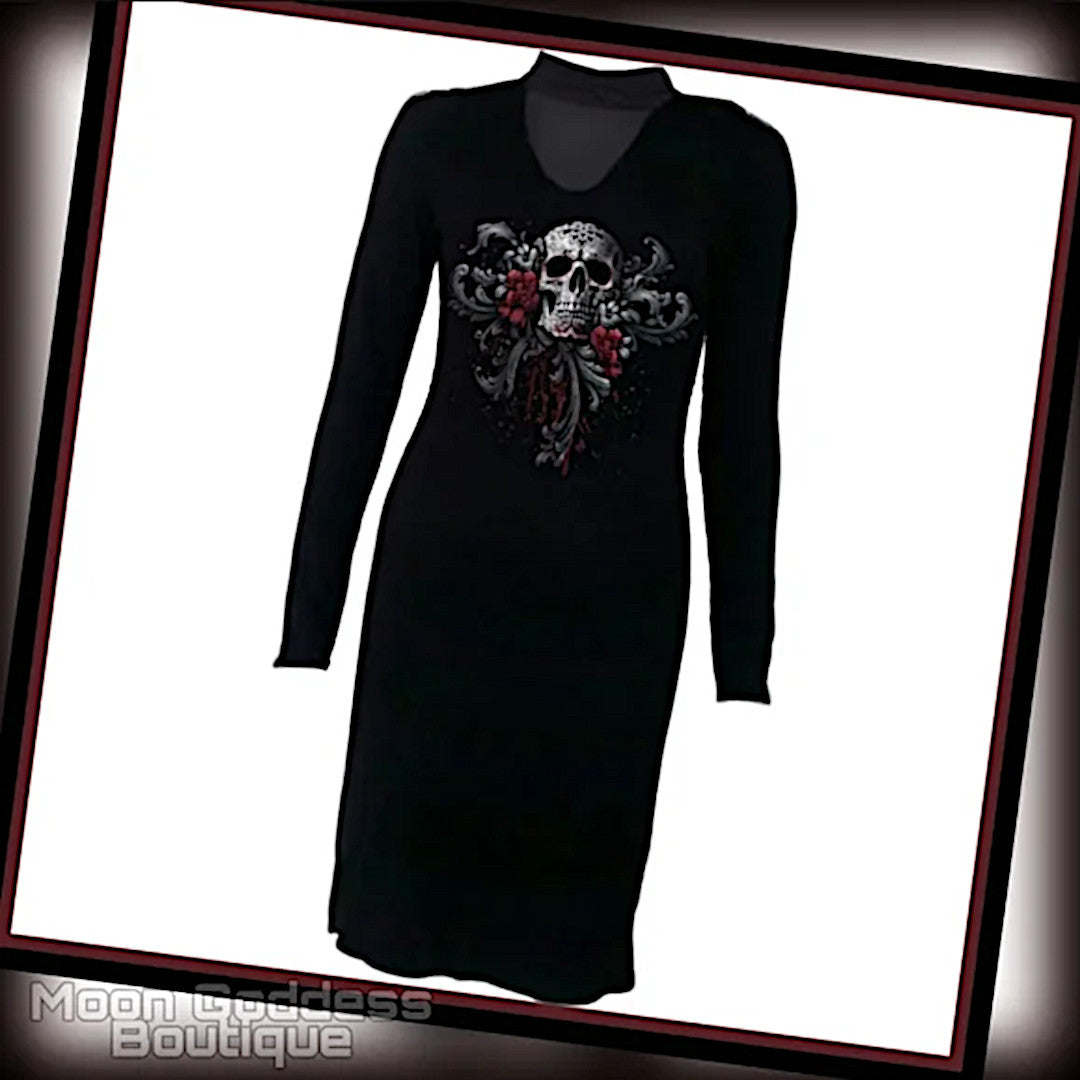 Skull Roses Dress | Scoop Neck Attached Choker Black Red Dress - Spiral Direct - Dresses