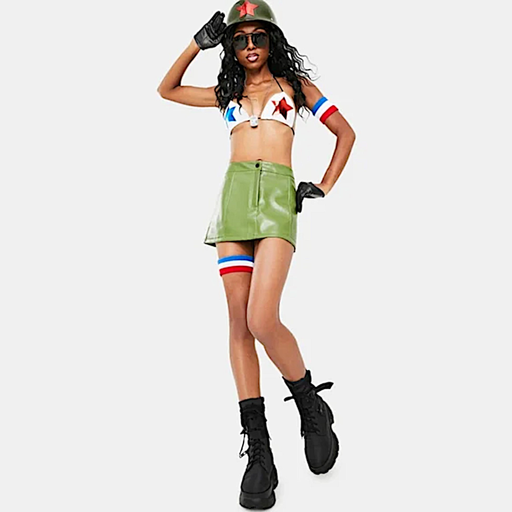 Tank Girl Costume | Faux Leather Star Top Arm & Leg Bands Dog Tags & Hard Hat - Trickz N Treatz - Costumes