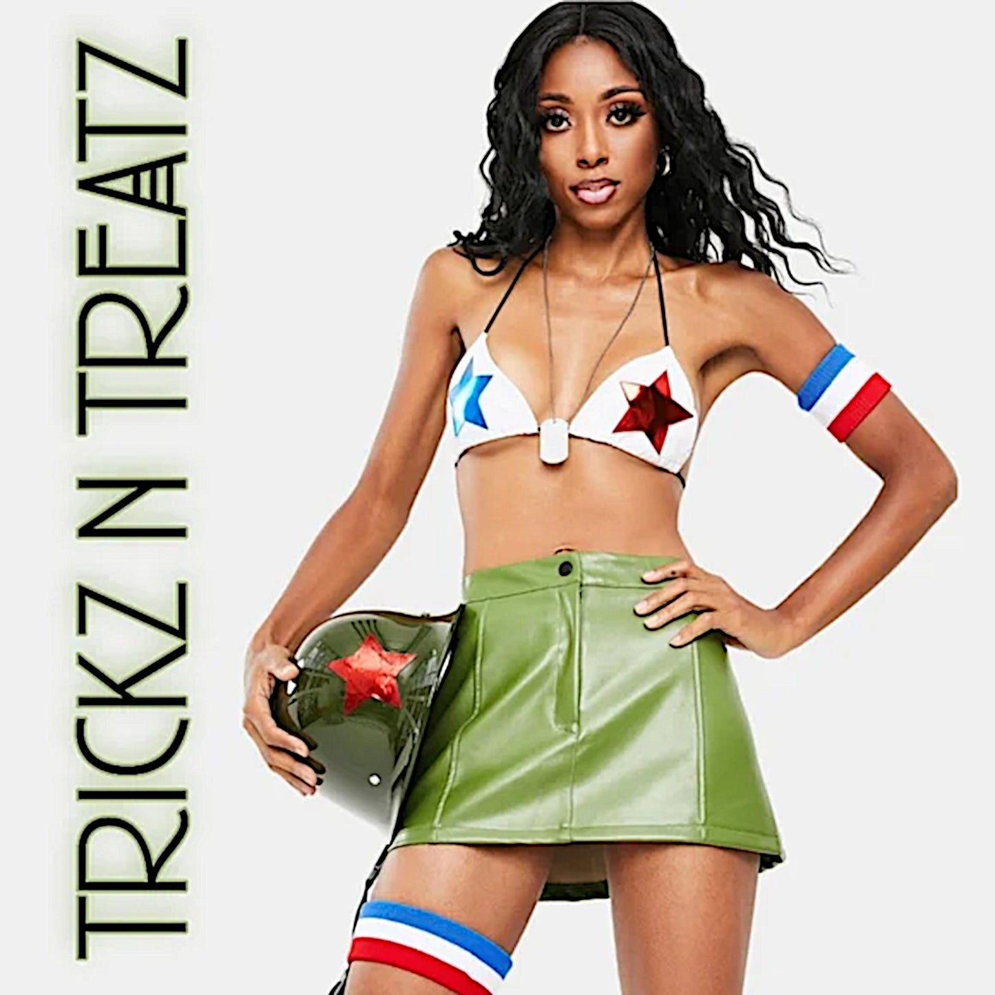 Tank Girl Costume | Faux Leather Star Top Arm & Leg Bands Dog Tags & Hard Hat - Trickz N Treatz - Costumes