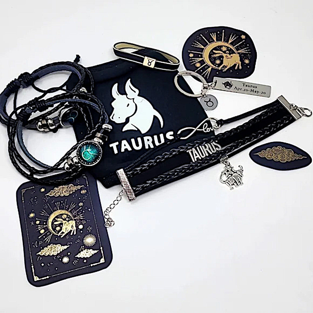 Taurus Zodiac Bundle | 3 Leather Bracelets Keychain Hair Tie Foil Stickers Mask - A Gothic Universe - Bracelets