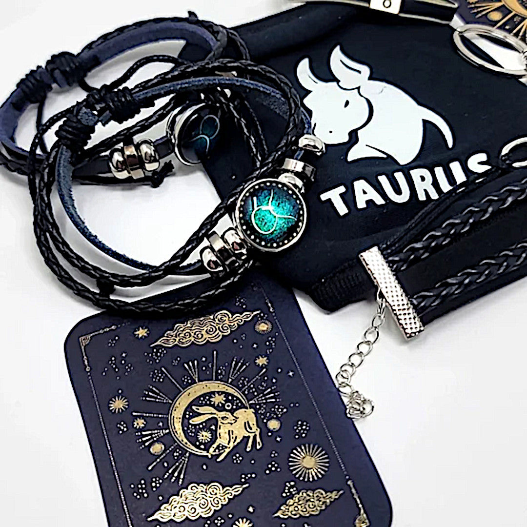 Taurus Zodiac Bundle | 3 Leather Bracelets Keychain Hair Tie Foil Stickers Mask - A Gothic Universe - Bracelets