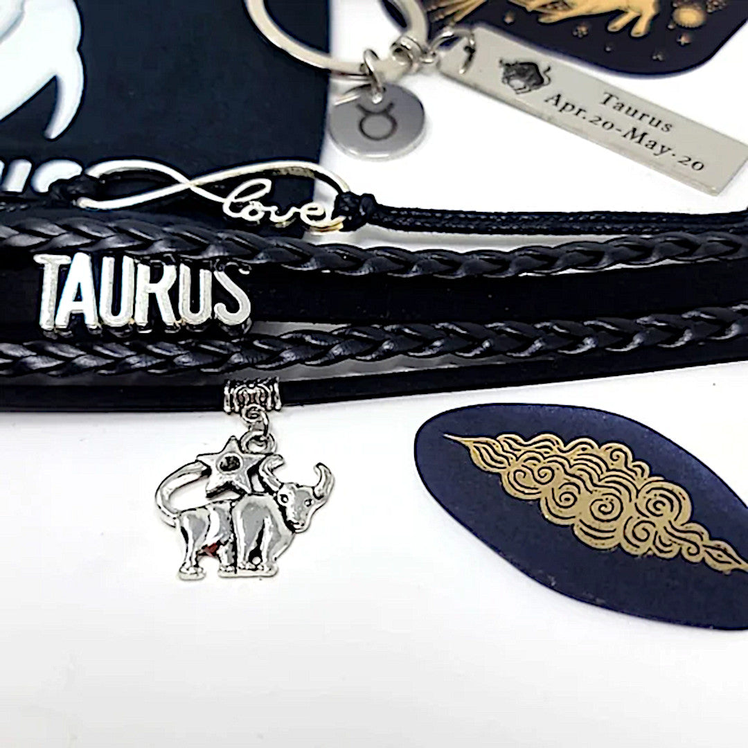 Taurus Zodiac Bundle | 3 Leather Bracelets Keychain Hair Tie Foil Stickers Mask - A Gothic Universe - Bracelets