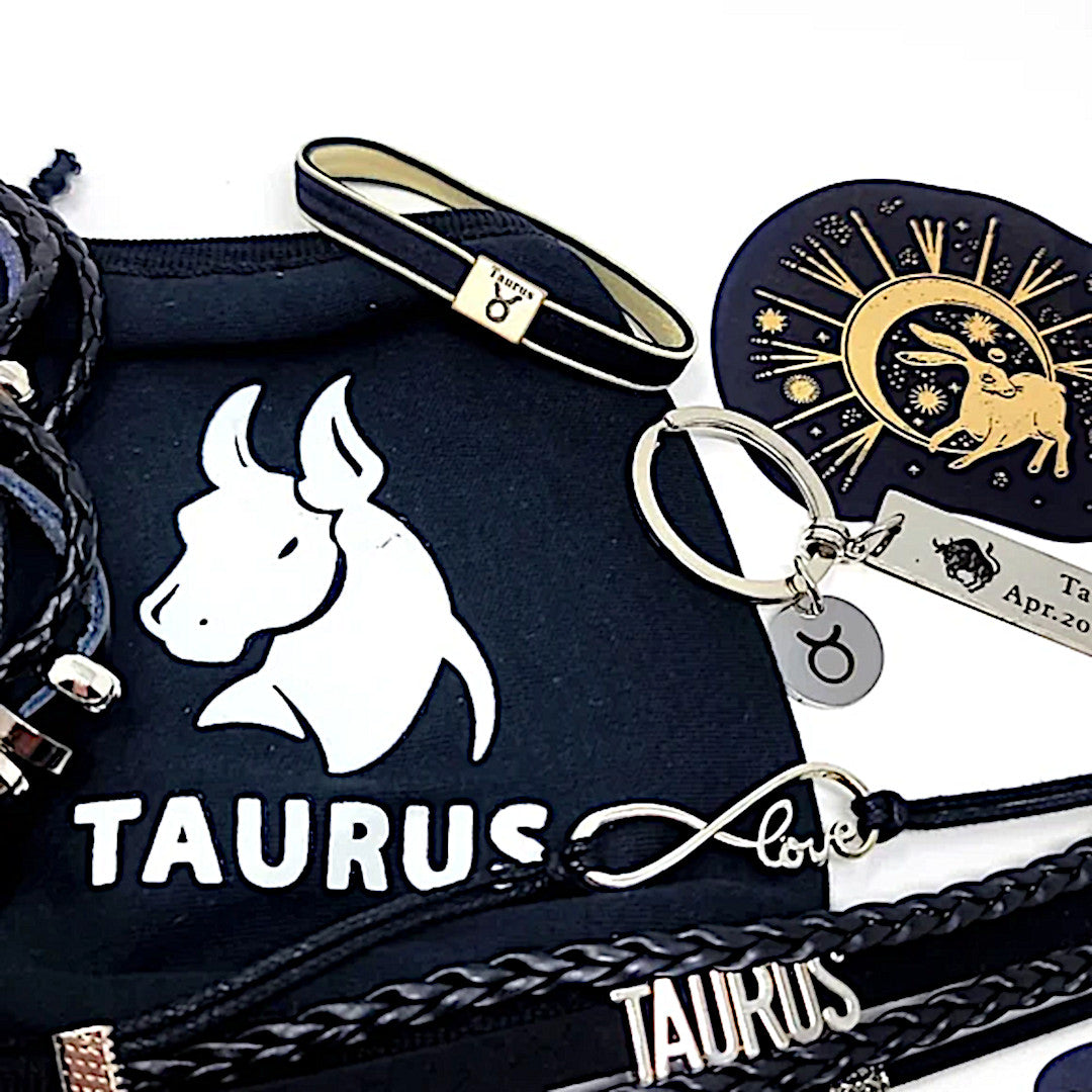 Taurus Zodiac Bundle | 3 Leather Bracelets Keychain Hair Tie Foil Stickers Mask - A Gothic Universe - Bracelets