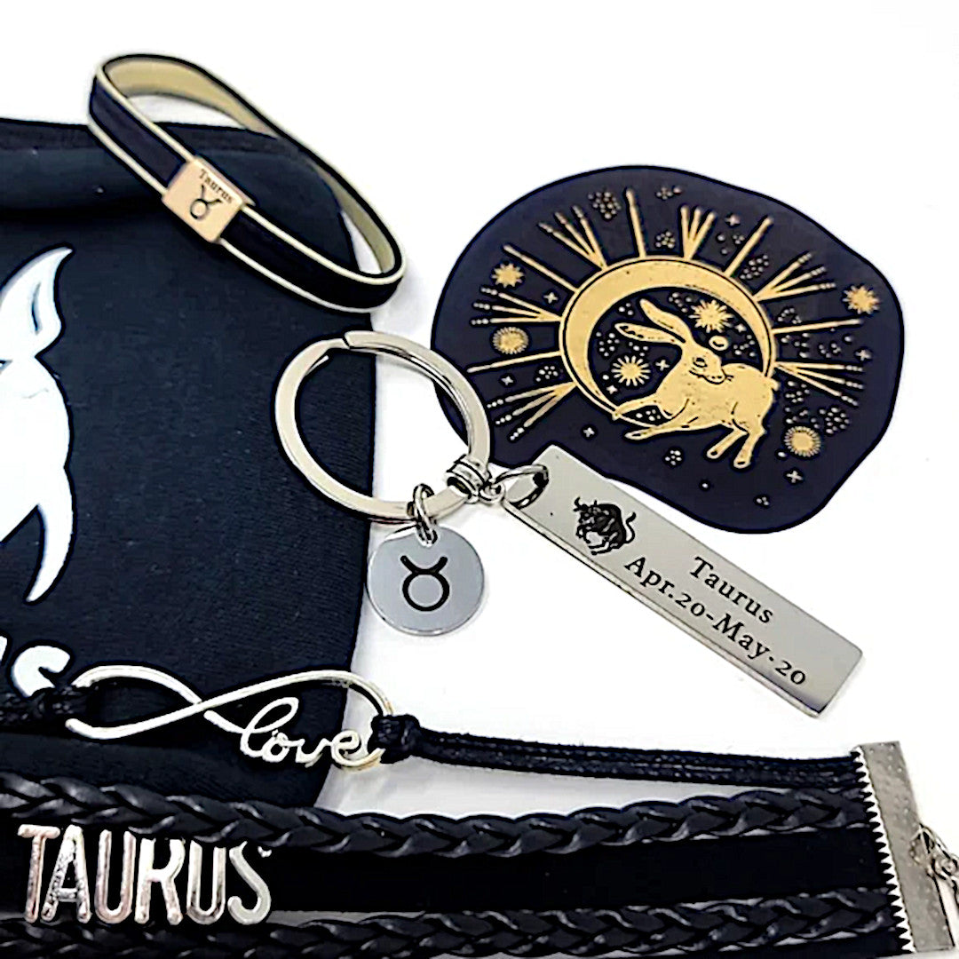 Taurus Zodiac Bundle | 3 Leather Bracelets Keychain Hair Tie Foil Stickers Mask - A Gothic Universe - Bracelets