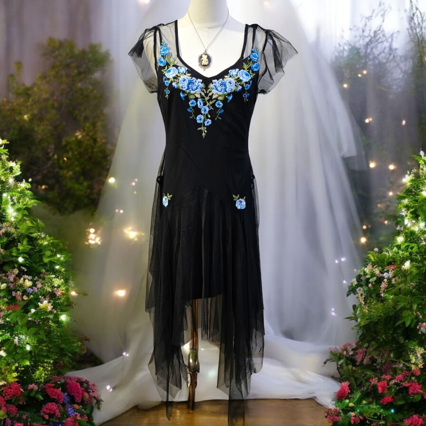 Black Fairycore Dress & Slip With Blue Floral Embroidery -  - Dresses