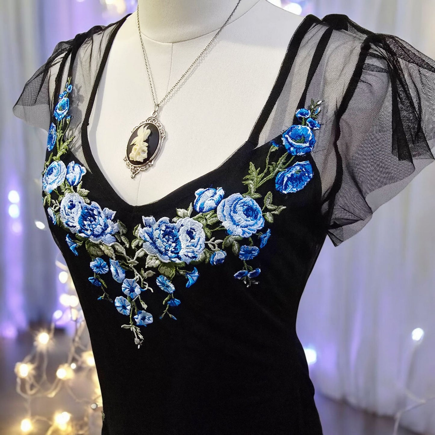 Black Fairycore Dress & Slip With Blue Floral Embroidery -  - Dresses