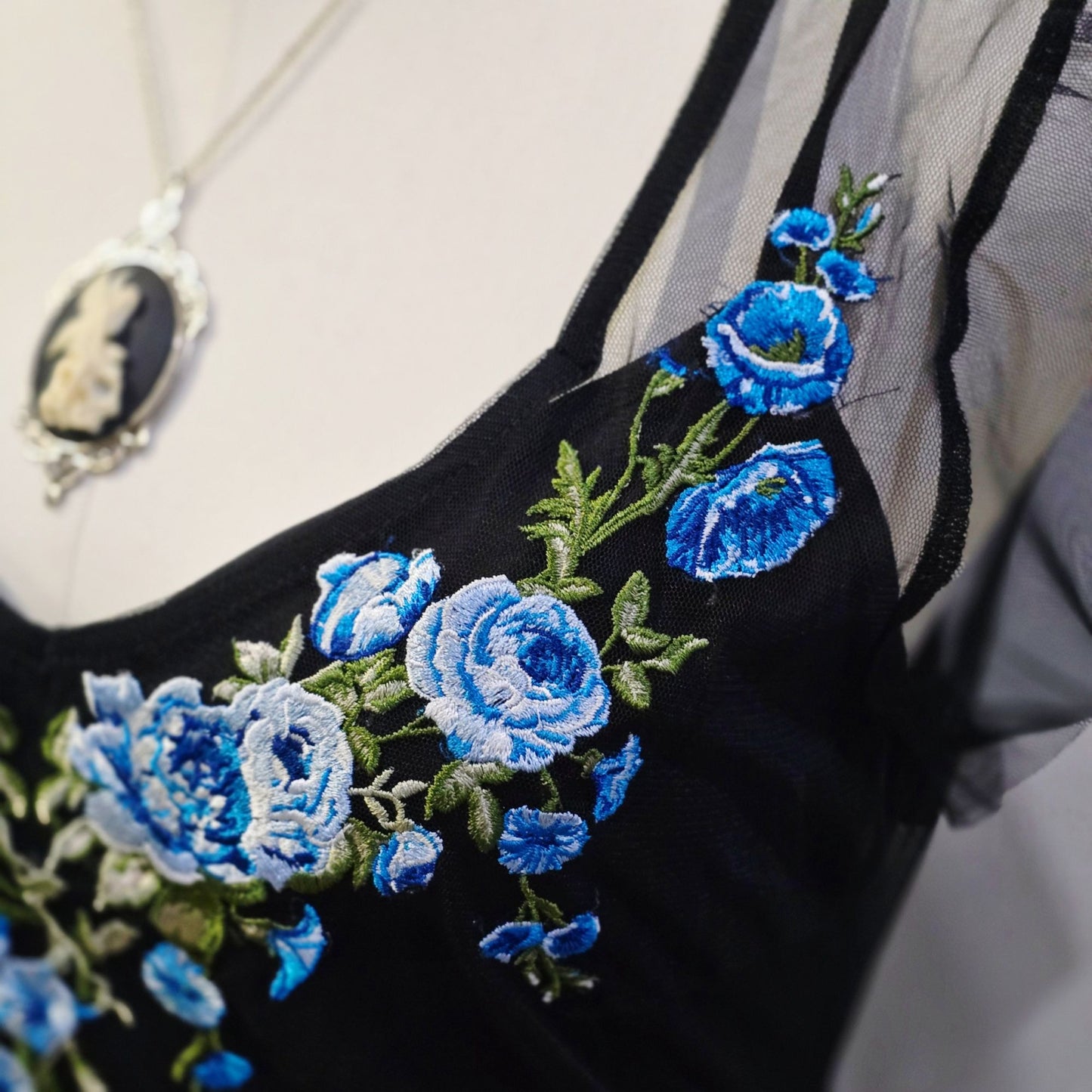 Black Fairycore Dress & Slip With Blue Floral Embroidery