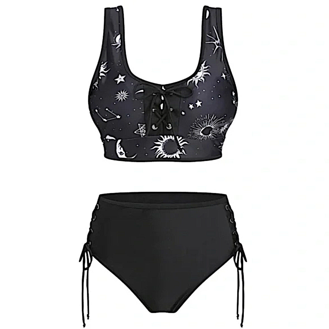 Vintage Style Celestial Print Bikini | Black White Lace-up Tank Straps Padded - A Gothic Universe - Swimwear