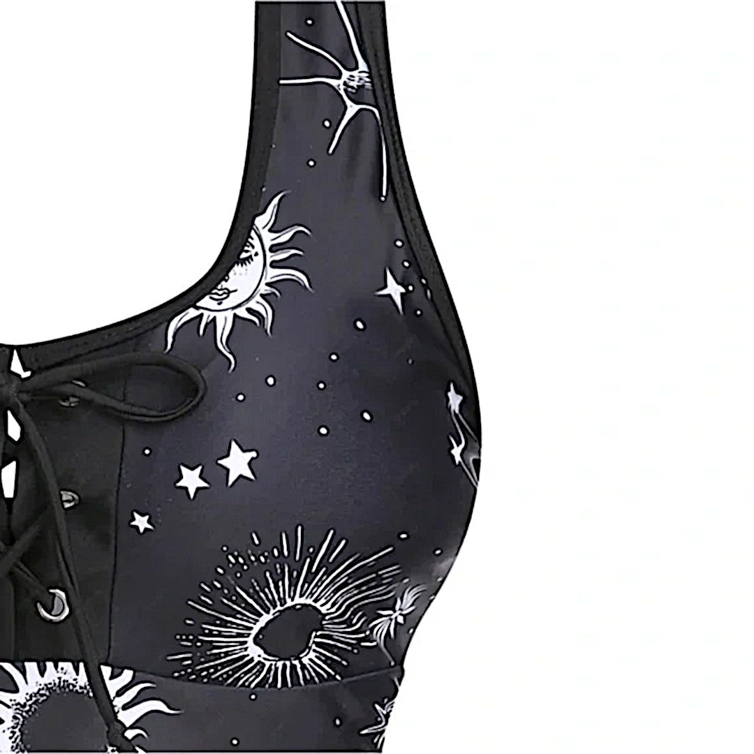 Vintage Style Celestial Print Bikini | Black White Lace-up Tank Straps Padded - A Gothic Universe - Swimwear