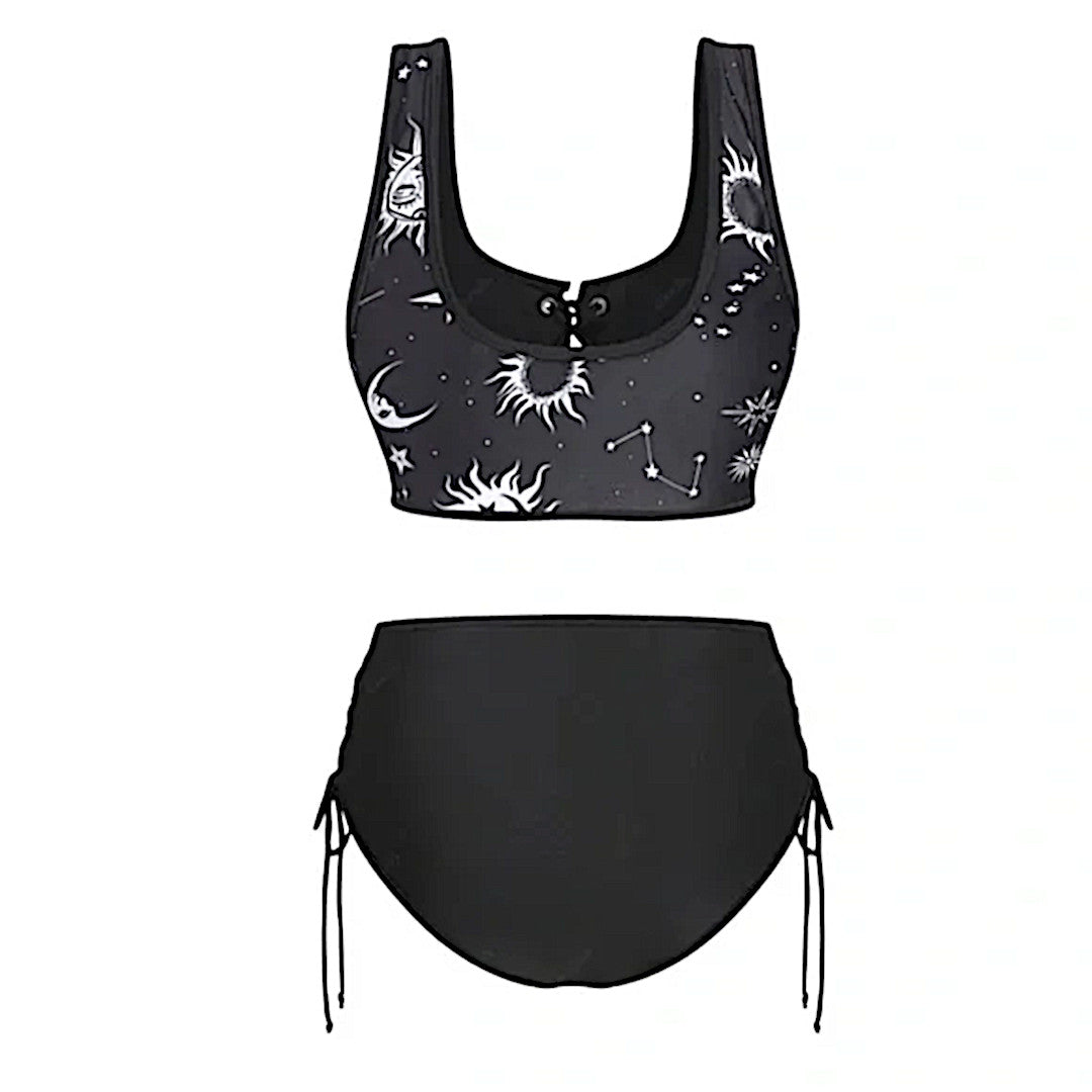 Vintage Style Celestial Print Bikini | Black White Lace-up Tank Straps Padded - A Gothic Universe - Swimwear