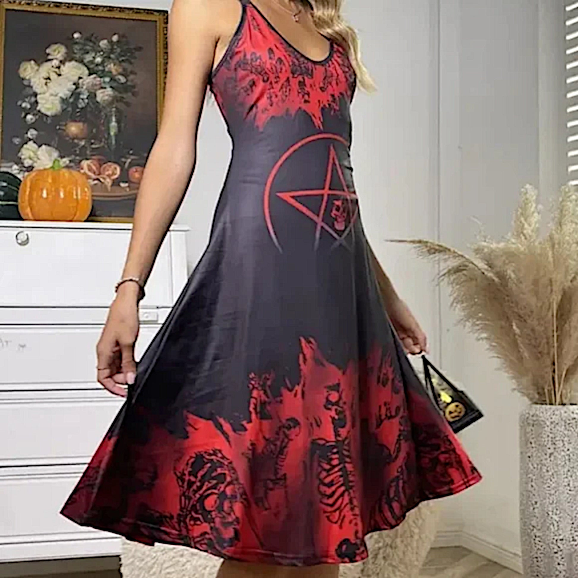 Witchy Gothic A-Line Dress | Red Black Pentacle & Skulls Graphic Design O-Rings - A Gothic Universe - Dresses