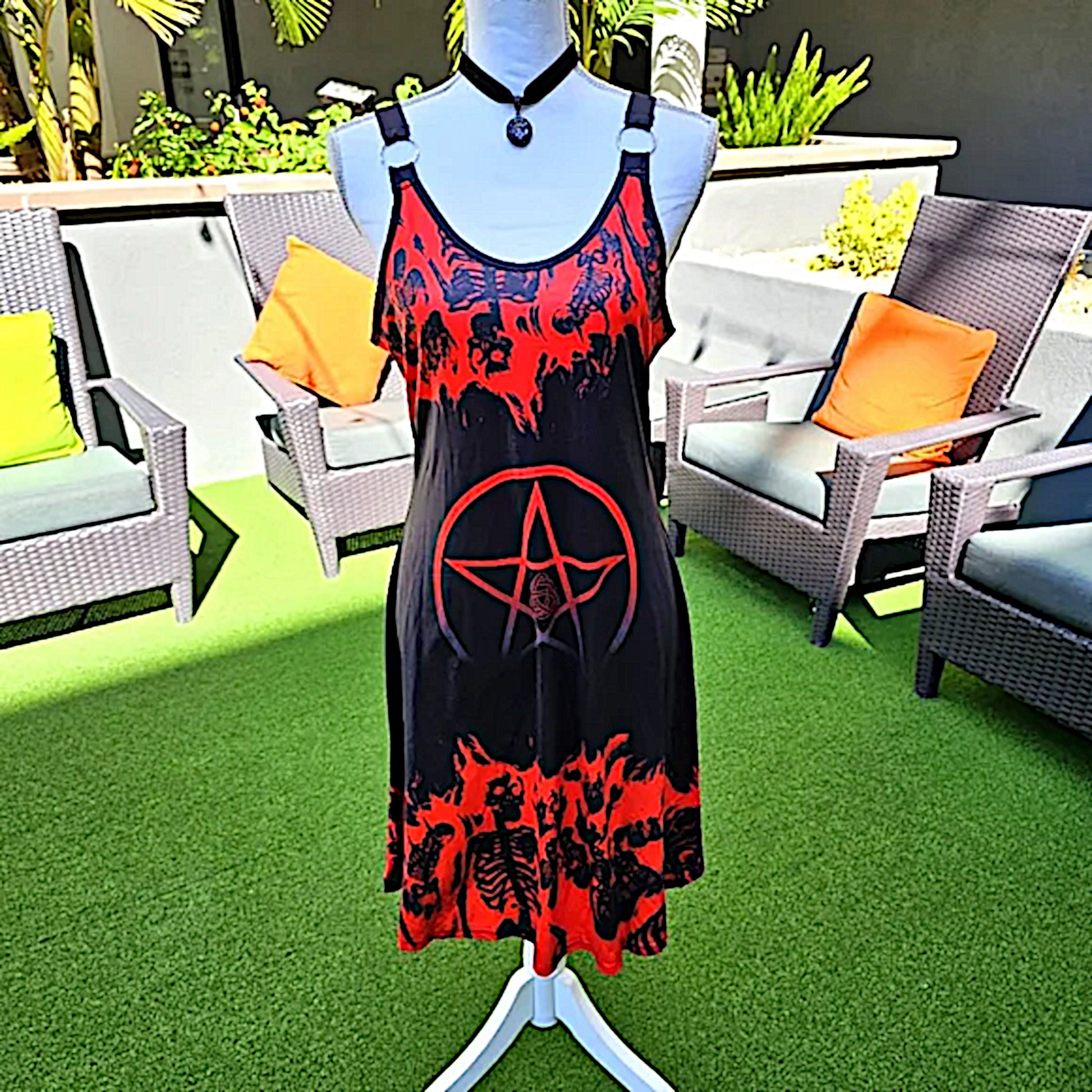 Witchy Gothic A-Line Dress | Red Black Pentacle & Skulls Graphic Design O-Rings - A Gothic Universe - Dresses