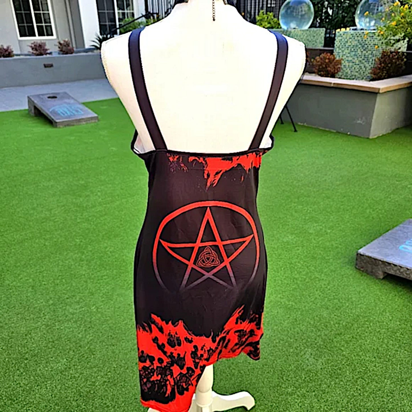 Witchy Gothic A-Line Dress | Red Black Pentacle & Skulls Graphic Design O-Rings - A Gothic Universe - Dresses