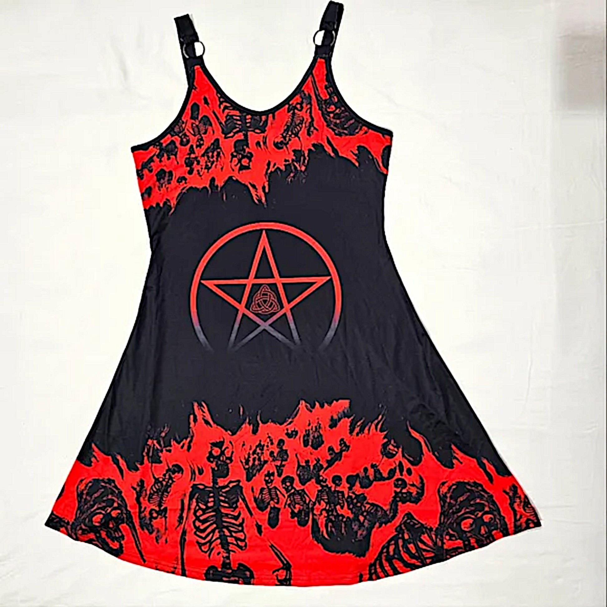 Witchy Gothic A-Line Dress | Red Black Pentacle & Skulls Graphic Design O-Rings - A Gothic Universe - Dresses