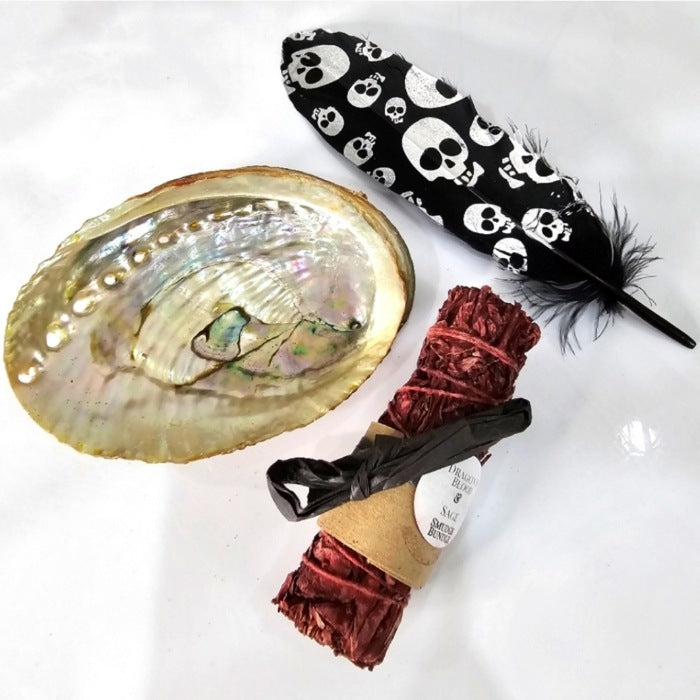 Smudging Set | Dragon's Blood Sage, Black Skull Feather & Abalone Shell - A Gothic Universe - Smudging Sets