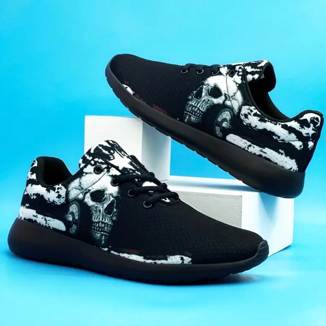 Men's Gothic Sneakers | Black & White Skull Print Breathable Lightweight & Comfy - A Gothic Universe - Shoes