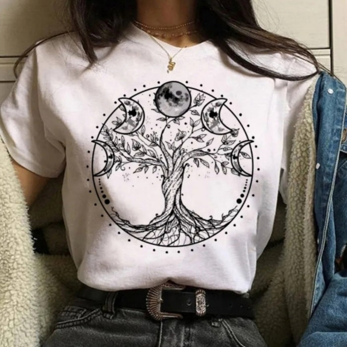 Women's Bright White Graphic Moon Phases Tree of Life Tee - A Gothic Universe - Shirts